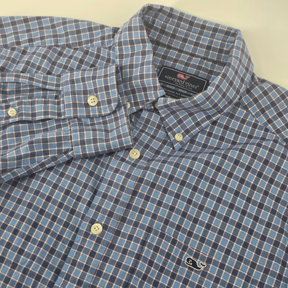 Vineyard Vines Button Down Shirt Mens M Blue Plaid Classic Fit Stretch Cotton